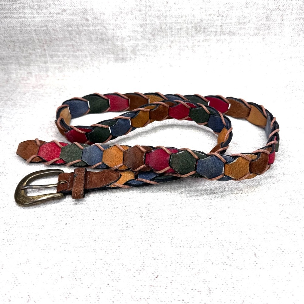 VTG pig suede‎ leather multi colored chain belt, 42.5” long, brass buckle Retro